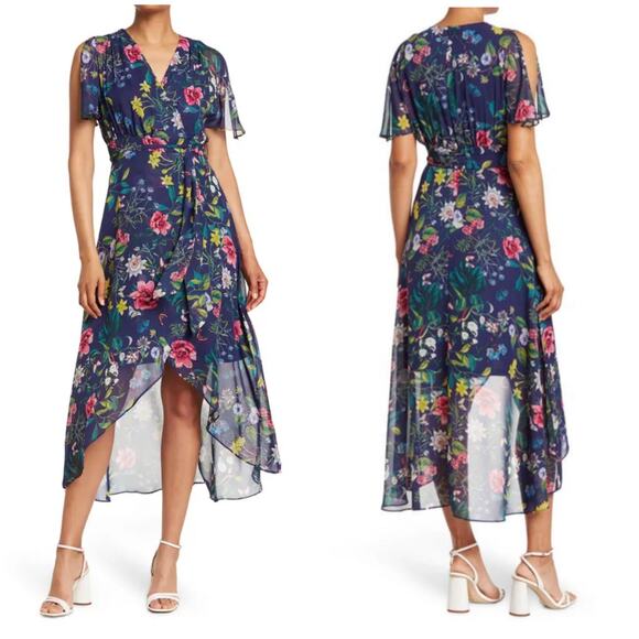 Eliza J Floral Printed Faux Wrap Midi Dress Hi Lo Hem Tie Waist Size 6 - Picture 1 of 11